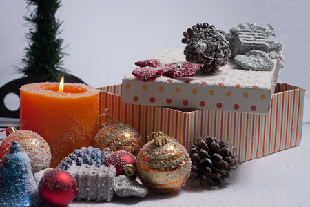 Christmas tree decorated with ornaments and giftsの写真素材