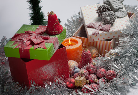 Christmas tree decorated with ornaments and giftsの写真素材