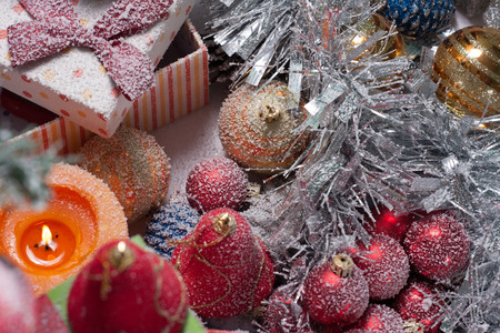 Christmas tree decorated with ornaments and giftsの写真素材