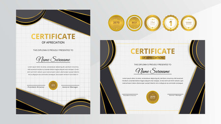 Gradient golden and black luxury certificate with gold badge set For award, business, and education needsのイラスト素材
