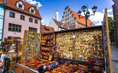 Latvian wood and leather souvenirs, Old Town, UNESCO World Heritage Site, Riga, Latvia, Baltic...