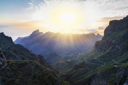 Panoramic aerial view over Masca village, the most visited tourist attraction of Europe, Spain, Canary Islands, Tenerifeの写真素材
