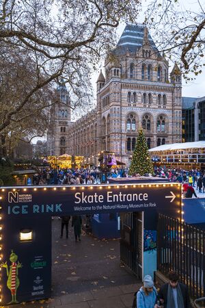 London, United Kingdon - Deceber 2 2018: Christmas tree and ice skating rink outside the Natural History Museum, Kensington, London, England, United Kingdom, Europeのeditorial素材