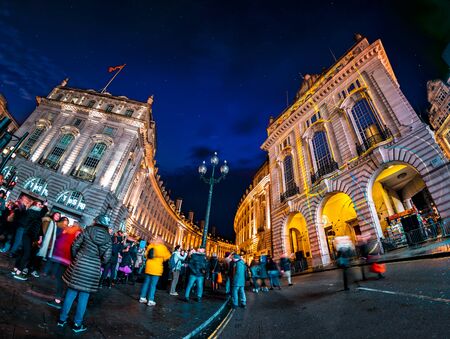 LONDON, UK - JANUARY 18, 2018:As part of Lumiere London, Camille Gross and Leslie Epsztein light show Voyage is projected on Hotel Cafe Royal in Piccadilly Circus.のeditorial素材