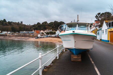 Jersey, Channel Islands - December 31 2018: Boats at Rozel harbour, Jersey, Channel Islands, United Kingdom Europeのeditorial素材