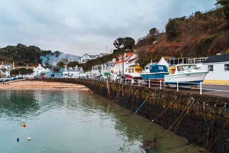 Jersey, Channel Islands - December 31 2018: Boats at Rozel harbour, Jersey, Channel Islands, United Kingdom Europeのeditorial素材
