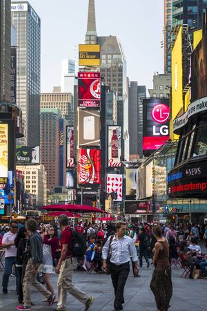 New York, USA - May 19 2015: Crowds with busy traffic, yellow cabs, Times Square and Broadway, Theatre District, Manhattan, New York City, United States of America, North Americaのeditorial素材
