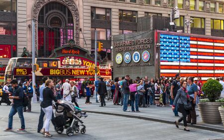 New York, USA - May 19 2015: Bright billboards, busy traffic light trails, Times Square, Broadway, Theatre District, Manhattan, New York, United States of America, North Americaのeditorial素材