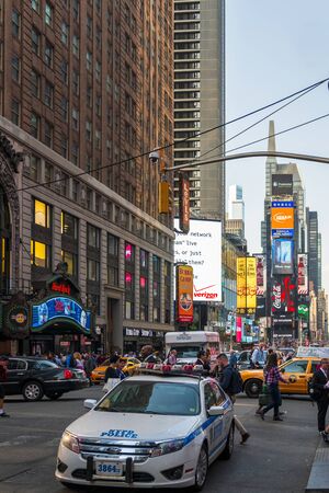 New York, USA - May 19 2015: Bright billboards, busy traffic light trails, Times Square, Broadway, Theatre District, Manhattan, New York, United States of America, North Americaのeditorial素材