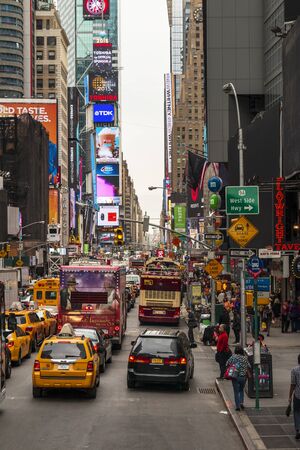 New York, USA - May 19 2015: Bright billboards, busy traffic light trails, Times Square, Broadway, Theatre District, Manhattan, New York, United States of America, North Americaのeditorial素材
