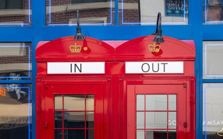 Las Vegas, USA - May 22 2018: Red Phone Booths, The Strip, Las Vegas Boulevard, Las Vegas, Nevada,...