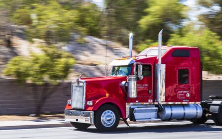 Las Vegas, USA - May 24 2018: Red truck on The Strip, Las Vegas Boulevard, Las Vegas, Nevada, USA, North Americaのeditorial素材