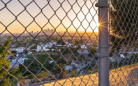 View of Downtown skyline at golden hour, Los Angeles, California, United States of America, North Americaの写真素材