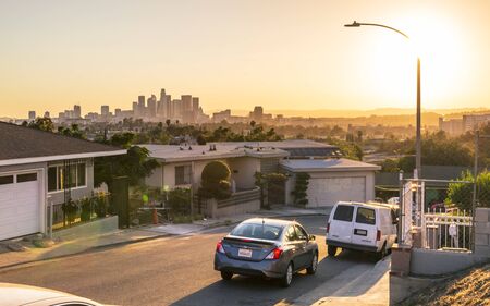 Los Angeles, USA - May 15 2018: View of Downtown skyline at golden hour, Los Angeles, California, United States of America, North Americaのeditorial素材