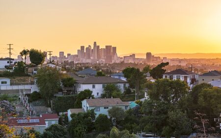 View of Downtown skyline at golden hour, Los Angeles, California, United States of America, North Americaの写真素材