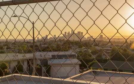 View of Downtown skyline at golden hour, Los Angeles, California, United States of America, North Americaの写真素材