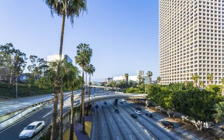 Los Angeles, USA - May 28 2018: Freeway through Downtown financial district of Los Angeles city, California, United States of America, North Americaのeditorial素材