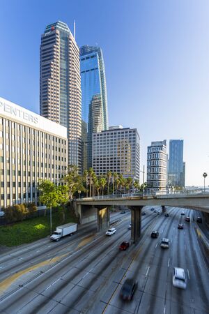 Los Angeles, USA - May 28 2018: Freeway through Downtown financial district of Los Angeles city, California, United States of America, North Americaのeditorial素材