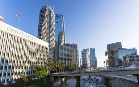 Los Angeles, USA - May 28 2018: Freeway through Downtown financial district of Los Angeles city, California, United States of America, North Americaのeditorial素材