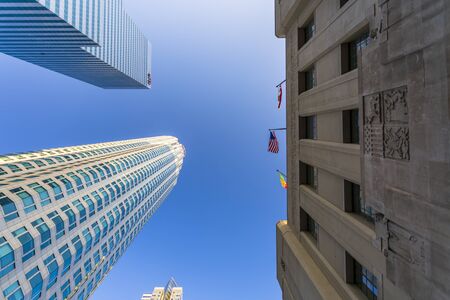 Los Angeles, USA - May 28 2018: Worms eye view, Downtown financial district of Los Angeles city, California, United States of America, North Americaのeditorial素材