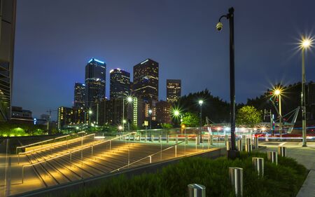 Los Angeles, USA - May 30 2018: Downtown financial district of Los Angeles city at night, California, United States of America, North Americaのeditorial素材