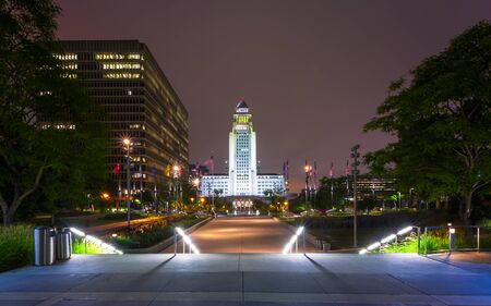 Los Angeles, USA - May 30 2018: Los Angeles City Hall, Downtown financial district of Los Angeles city at night, California, United States of America, North Americaのeditorial素材