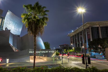 Los Angeles, USA - May 30 2018: Walt Disney Concert Hall, Downtown financial district of Los Angeles city at night, California, United States of America, North Americaのeditorial素材