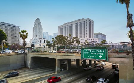 Los Angeles, USA - May 30 2018: Los Angeles City Hall and Freeway, downtown Los Angeles, California,...