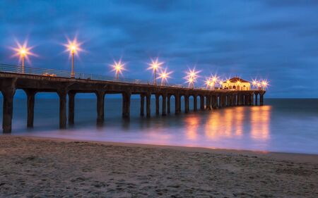 Manhattan Beach Pier at night, California, United States of America, North Americaの写真素材