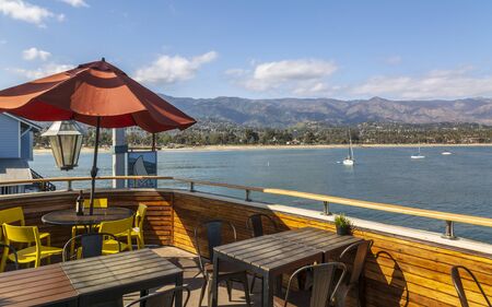 Santa Barbara, USA - May 31 2018: View of Santa Barbara beach, Malibu Mountains from Santa Barbara pier, California, United States of America, North Americaのeditorial素材