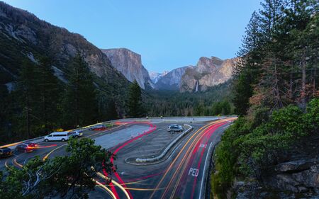 YOSEMITE, USA - JUNE 3, 2018: Yosemite Valley and Bridalveil Fall from Tunnel View, Yosemite National Park, UNESCO World Heritage Site, California, United States of America, North Americaのeditorial素材