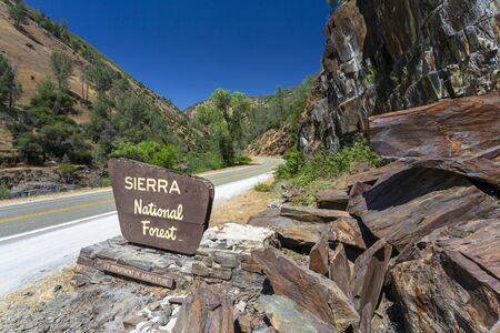 YOSEMITE, USA - JUNE 3, 2018: Yosemite National Park sign, UNESCO World Heritage Site, California, United States of America, North Americaのeditorial素材