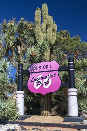 Kingsman, USA - MAY 26, 2018: Historic Locomotive park Sign on Route 66, Kingman, Arizona, United States of America, North Americaのeditorial素材