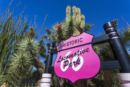 Kingsman, USA - MAY 26, 2018: Historic Locomotive park Sign on Route 66, Kingman, Arizona, United States of America, North Americaのeditorial素材