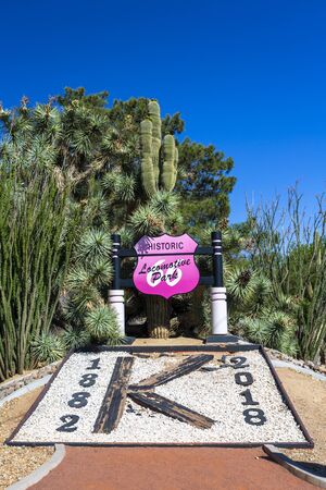 Kingsman, USA - MAY 26, 2018: Historic Locomotive park Sign on Route 66, Kingman, Arizona, United States of America, North Americaのeditorial素材