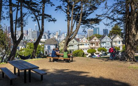 San Francisco, USA - June 7 2018: View of Painted Ladies, Victorian wooden houses, Alamo Square, San Francisco, California, United States of America, North Americaのeditorial素材