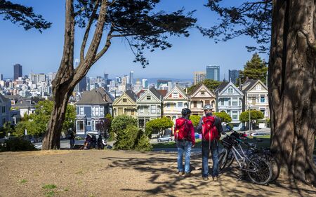 San Francisco, USA - June 7 2018: View of Painted Ladies, Victorian wooden houses, Alamo Square, San Francisco, California, United States of America, North Americaのeditorial素材