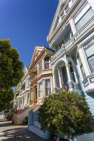 San Francisco, USA - June 7 2018: View of Painted Ladies, Victorian wooden houses, Alamo Square, San Francisco, California, United States of America, North Americaのeditorial素材