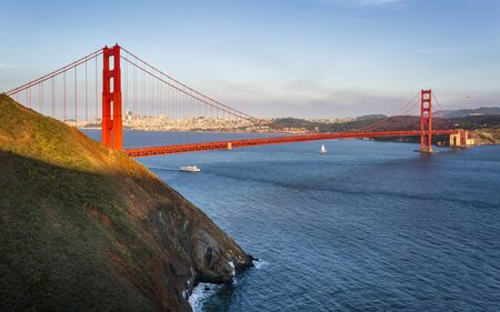 View of Golden Gate Bridge from Golden Gate Bridge Vista Point at sunset, San Francisco, California, USA, North Americaの写真素材