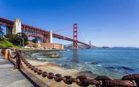 San Francisco, USA - June 8 2018: View of Golden Gate Bridge and Fort Point from Marine Drive, San Francisco, California, USA, North Americaのeditorial素材