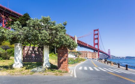 San Francisco, USA - June 8 2018: View of Golden Gate Bridge and Fort Point from Marine Drive, San Francisco, California, USA, North Americaのeditorial素材