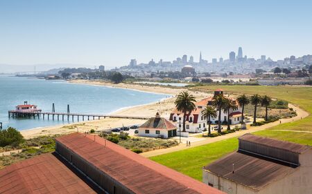 San Francisco, USA - June 8 2018: Crissy Field East Beach and skyline of San Francisco, California, USA, North Americaのeditorial素材