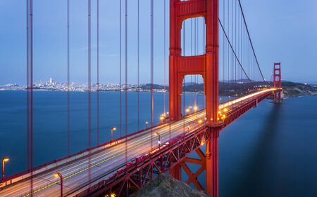 View of Golden Gate Bridge from Golden Gate Bridge Vista Point at dusk, San Francisco, California, USA, North Americaの写真素材