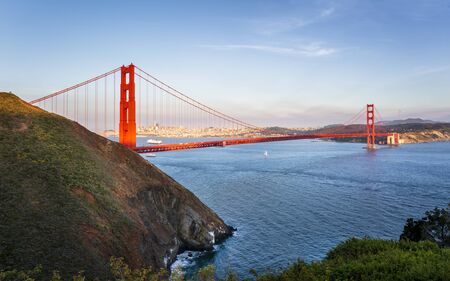 View of Golden Gate Bridge from Golden Gate Bridge Vista Point at sunset, San Francisco, California, USA, North Americaの写真素材