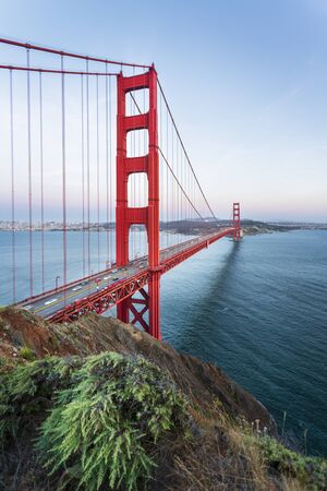 View of Golden Gate Bridge from Golden Gate Bridge Vista Point at sunset, San Francisco, California, USA, North Americaの写真素材