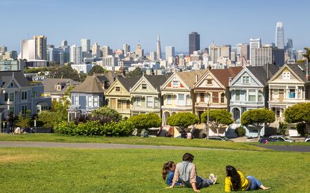 San Francisco, USA - June 7 2018: View of Painted Ladies, Victorian wooden houses, Alamo Square, San Francisco, California, United States of America, North Americaのeditorial素材