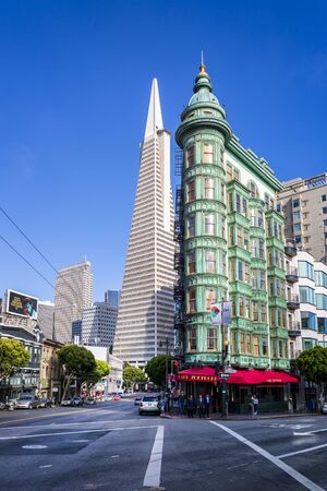 San Francisco, USA - June 8 2018: View of Transamerica Pyramid building and Columbus Tower on Columbus Avenue, North Beach, San Francisco, California, USA, North Americaのeditorial素材