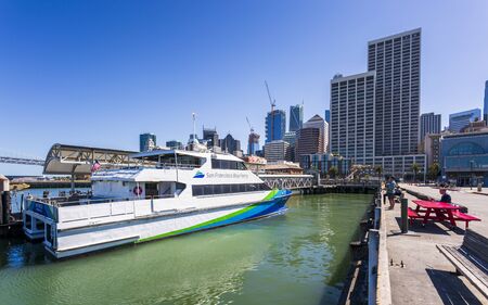 San Francisco, USA - June 8 2018: San Francisco Bay Ferry and San Francisco skyline, California, United States of America, North Americaのeditorial素材