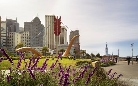 San Francisco, USA - June 9 2018: Rincon Park and San Francisco skyline, California, United States of America, North Americaのeditorial素材