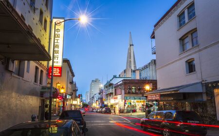 San Francisco, USA - June 8 2018: View of Transamerica Pyramid from Chinatown at night, San Francisco, California, United States of America, North Americaのeditorial素材